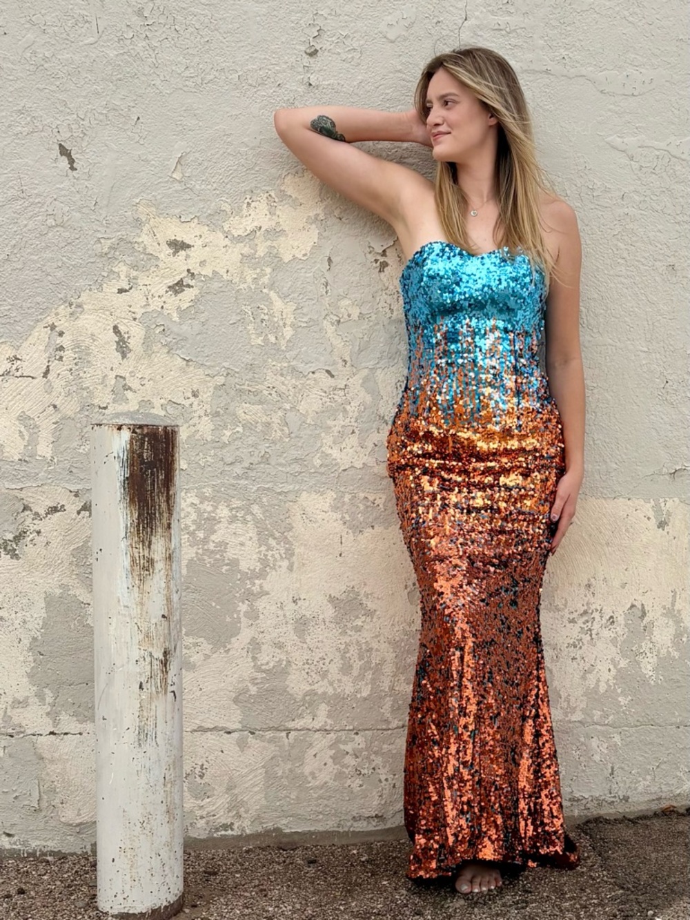 Vintage 90's Y2K Night Moves Blue Ombré Sequin Strapless Prom Dress Gown Party M
